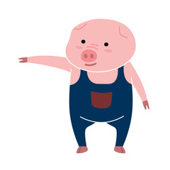 Vector pig cartoon character in hand pointing poses isolated on white background.