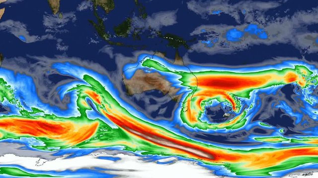 Time lapse animation simulated wind speeds over Australia with color graphic representation . Equirectangular projection. Elements of this image furnished by NASA