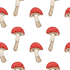 Seamless pattern of fairy-mushroom. Vector illustration isolated on white background.