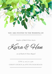 Floral wedding invitation or save the date card with green leaves, succulents, eucalyptus and white may flowers. Vector illustration. - obrazy, fototapety, plakaty