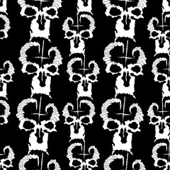 Seamless pattern of daemon face silhouette with inverted cross. Vector illustration isolated on black background.
