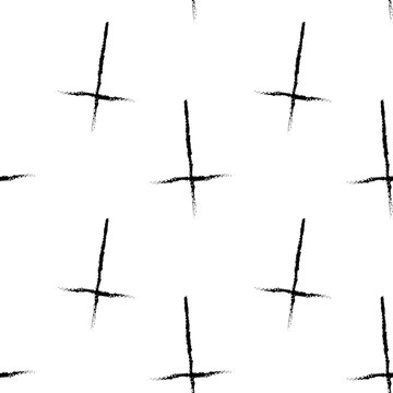 Seamless pattern of black cross of Saint Peter. Vector illustration of inverted cross isolated on white background.