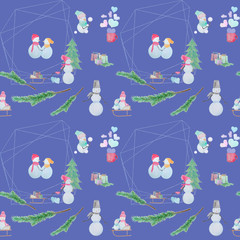seamless pattern with snowmen with colored pencils