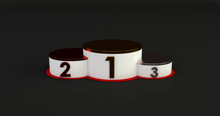 3D rendering of winners Podium. Gold, Silver and Bronze podium with confetti. First place award