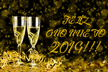 New Year 2019 greetings card. Bokeh and shiny effects on black background