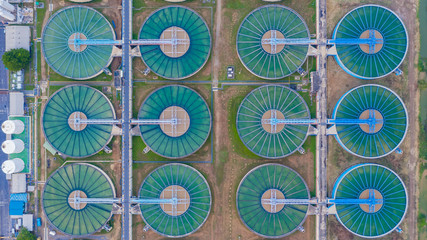 Aerial top view water treatment plant, Aerial top view recirculation solid contact clarifier sedimentation tank.
