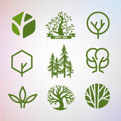 Set of trees sign and icons. Green company