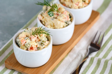 Traditional Polish salad with cooked vegetables and mayonnaise.