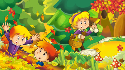 cartoon autumn nature background with girl and boy gathering mushrooms - illustration for children