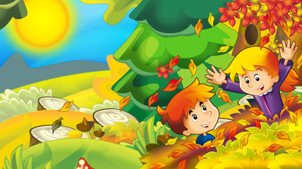 Obraz na płótnie Canvas cartoon autumn nature background with girl and boy gathering mushrooms and having fun with the falling leafs - illustration for children