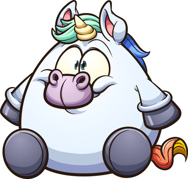 Fat cartoon unicorn sitting down. Vector clip art illustration with simple gradients. All in a single layer. 