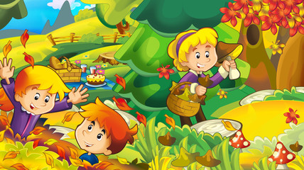 Obraz na płótnie Canvas cartoon autumn nature background with girl gathering mushrooms and other kids having fun - illustration for children