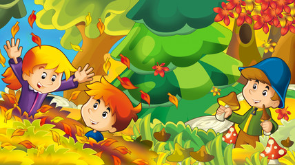 cartoon autumn nature background with boy gathering mushrooms and other kids having fun - illustration for children