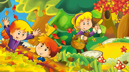 Fototapeta premium cartoon autumn nature background with girl and boy gathering mushrooms - illustration for children