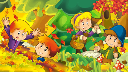 Obraz na płótnie Canvas cartoon autumn nature background with girl and boy gathering mushrooms - illustration for children