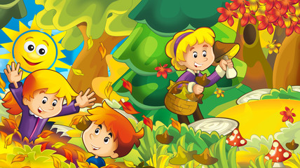 cartoon autumn nature background with girl gathering mushrooms and other kids having fun - illustration for children