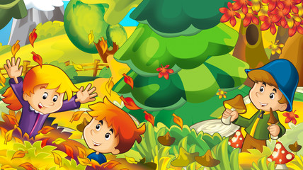 cartoon autumn nature background with boy gathering mushrooms - illustration for children