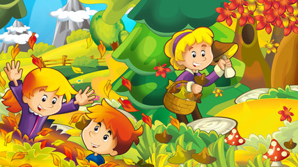 Fototapeta premium cartoon autumn nature background with girl and boy gathering mushrooms - illustration for children