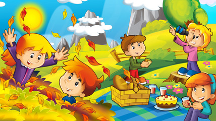 cartoon happy and funny scene with kids in the park having fun and picnic - illustration for children