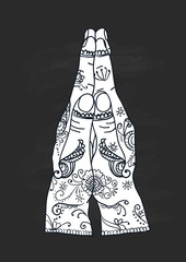 Element yoga mudra hands namaste with mehndi patterns. illustration. Indian traditional lifestyle.