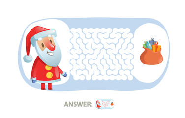 Winter Maze Labyrinth Game with answer. Help Santa find the way out of the Labyrinth. Colorful flat vector illustration. Isolated on white background.
