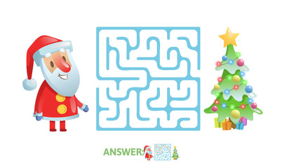Winter Maze Labyrinth Game with answer. Help Santa find the way out of the Labyrinth. Colorful flat vector illustration. Isolated on white background.