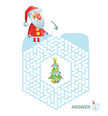 Winter Maze Labyrinth Game with answer. Help Santa find the way out of the Labyrinth. Colorful flat vector illustration. Isolated on white background.