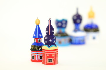 Shallow focus Set of wood painted cupola tower toy, orthodox towers toy, mausoleum toy, souvenir...