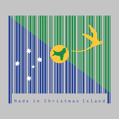 Barcode set the color of Christmas Island flag, Blue and green diagonal color with white star, bird in gold and shape of the island, text: Made in Christmas Island.
