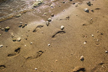human foot prints on dirty sea shoreline sand beach perspective foreshortening background texture surface