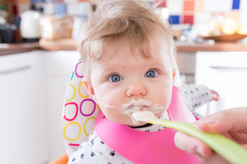 Six month old baby girl spoon feeding on porridge