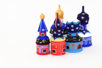 Blur, Defocus Set of wood painted cupola tower toy, orthodox towers toy, mausoleum toy, souvenir russian style isolated on white background.