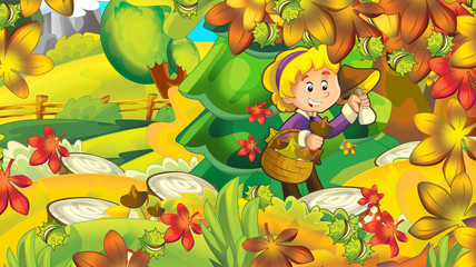 Obraz na płótnie Canvas cartoon autumn nature background with girl gathering mushrooms in the forest near the mountains - illustration for children