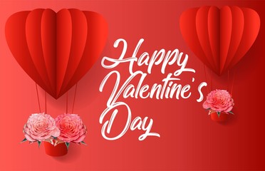 Happy valentine's day -Red air balloon  heart shape in  paper cut style with pink rose in the basket- vector