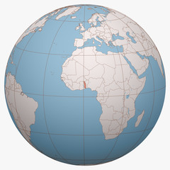 Togo on the globe. Earth hemisphere centered at the location of the Togolese Republic. Togo map.