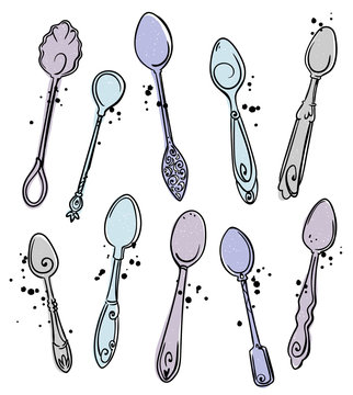 Set of hand drawn vector spoons, silverware