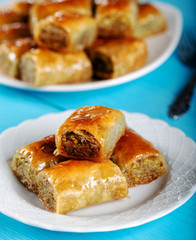 Turkish dessert baklava on wooden background
