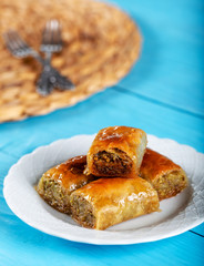 Turkish dessert baklava on wooden background