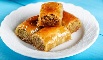 Turkish dessert baklava on wooden background