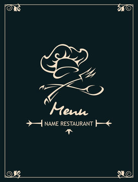 restaurant menu design with chef, crossed spoon and fork on black background