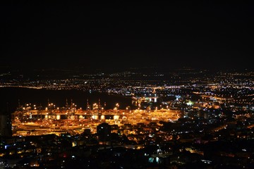 View of Downtown Haifa and Port from the Bahai Gardens on Mt Carmel at night, Israel