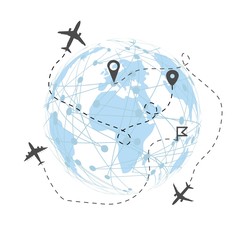 Airplanes over blue map with routes. Vector Illustration. Flat Design.