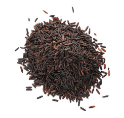 Obraz premium Pile of uncooked black rice on white background, top view
