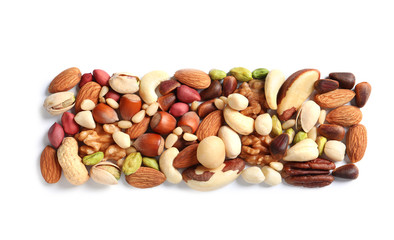 Mixed organic nuts on white background, top view