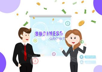 Business growth, man and woman working together, technology information, investment, profit money falling successful vector illustration