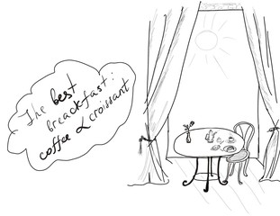 The text in the cloud frame ‘ the best breakfast: coffee & croissant ‘ on the left side and table with served breakfast in the window frame on the right side. Black and white graphics.