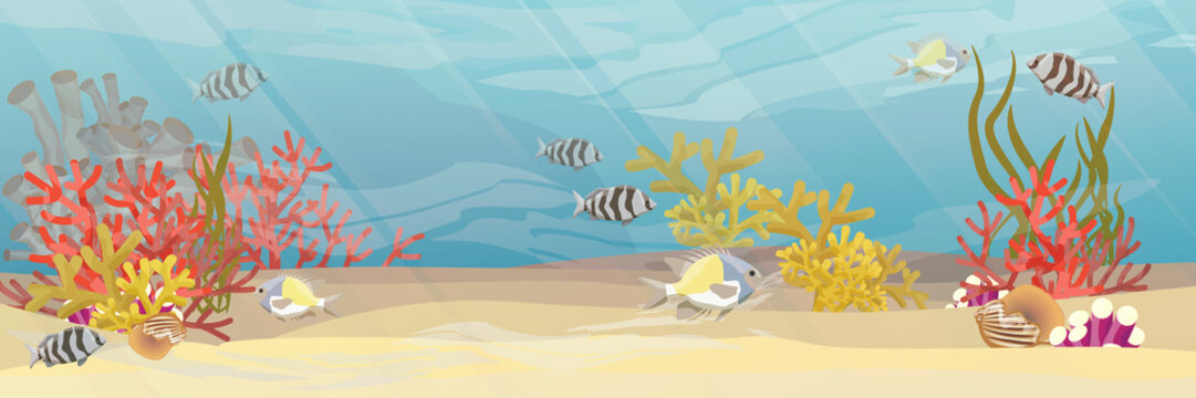 Tropical underwater landscape. The bottom of the coral reef with exotic fish, corals, sea sponges, sand and stones. Vector illustration of a sea life