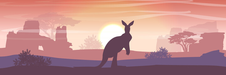 Big red kangaroos are jumping over the Australian plain. Acacia trees and eucalyptus trees. Wild nature of Australia. Realistic vector landscape. Silhouettes of animals and plants. Travels