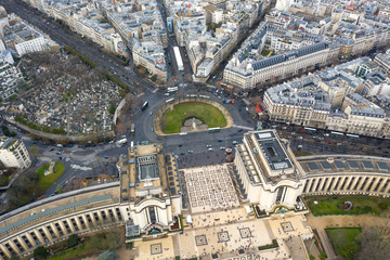 Aerial View of Paris City Streets feat. Place du Trocadéro Square and Statue Equestre du Maréchal Foch Landmark, Palais de Chaillot Museum and Theatre Birds Eye View in France around Trocadero Station - obrazy, fototapety, plakaty