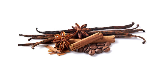 Vanilla, cinnamon, anise and coffee on white background. Spices isolated. © Tatiana